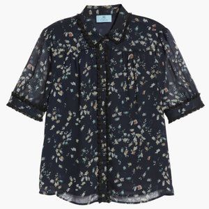 CeCe Womens Short Sleeve Floral Ruffle Trim Collared Blouse Navy Size Medium
